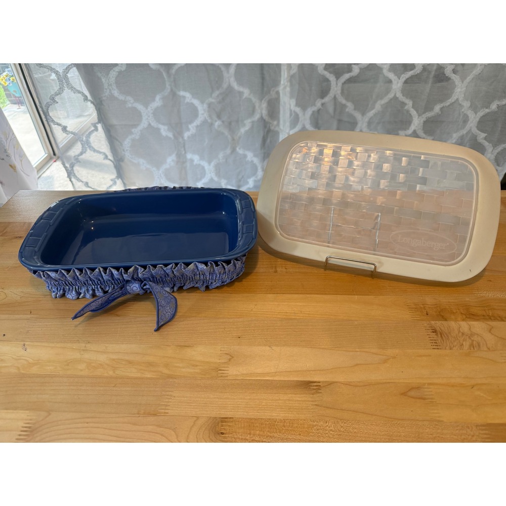 Longaberger Woven Traditions Blue Pottery Baking Dish with Lid and Ruffle Tie